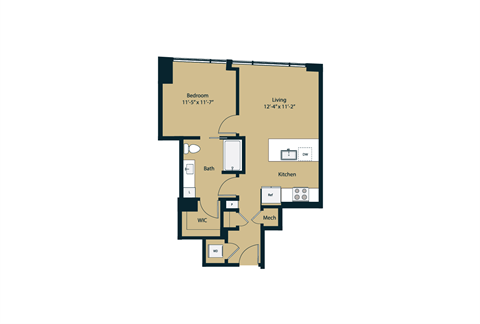Floor plan for 1 bed, 1 bath, 640 sqft